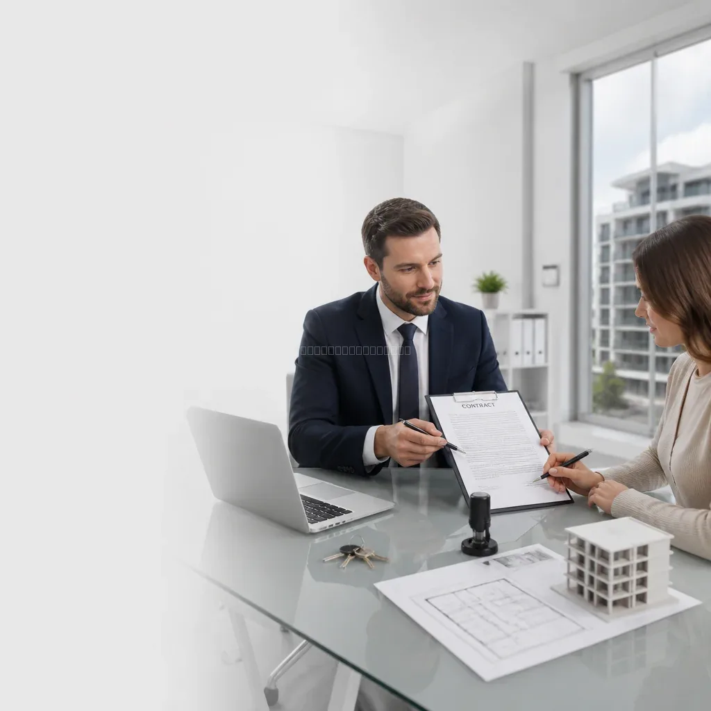 Profissional revisando contrato imobiliário com documentos e laptop